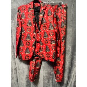 Men Christmas Suit Blazer Vest Pants 3pc Set Novelty Holiday Party Outfit Medium